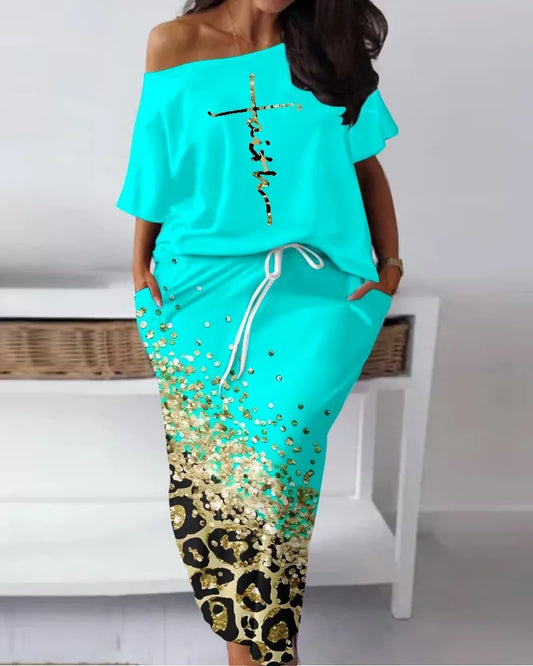 Women's Leopard Faith Print Off Shoulder Shirt and Maxi Skirt Outfit Sets, In God's Service Store