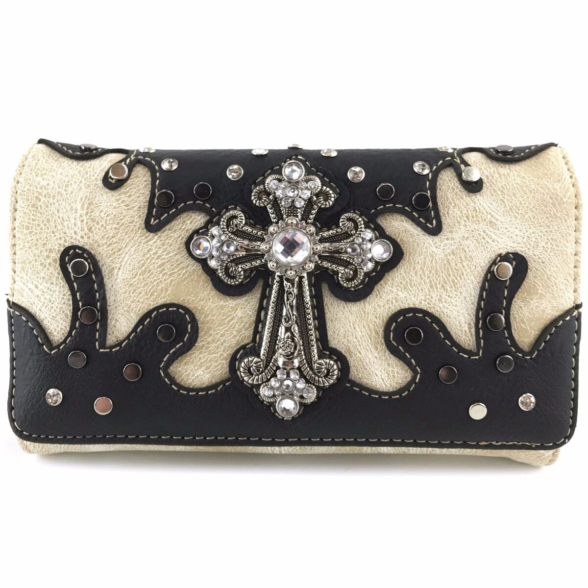 Western Design Rhinestone Cross Tri-fold Wallets, In God's Service Store