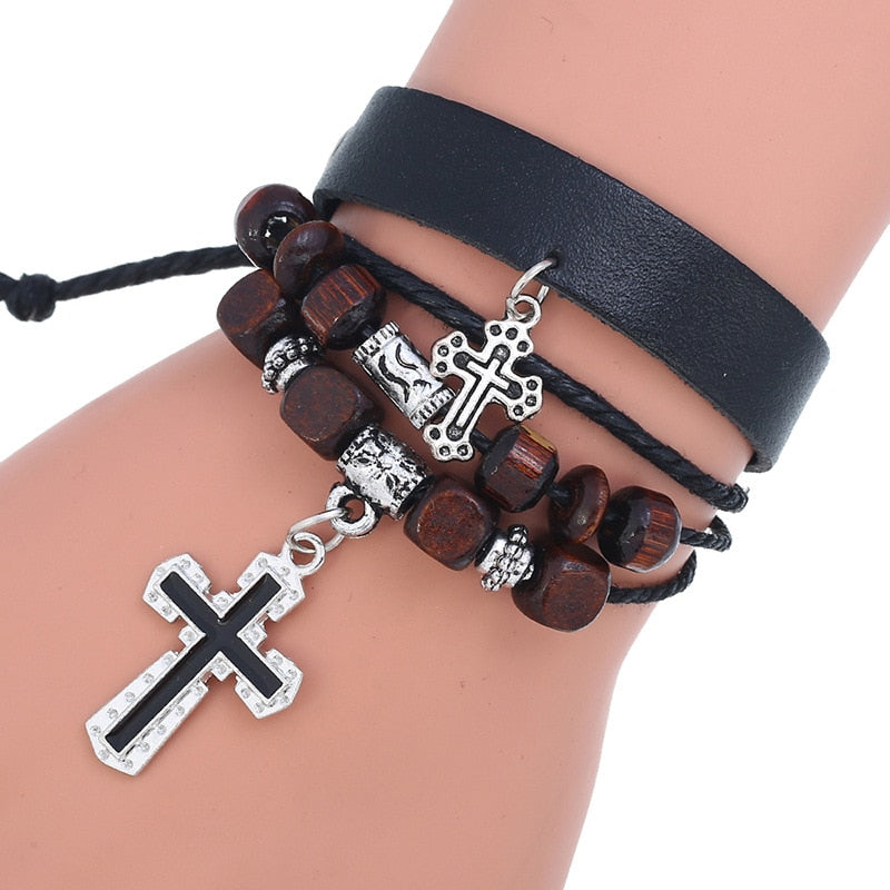 Inspirational Beaded Genuine Leather Cross Bracelets, In God's Service Store
