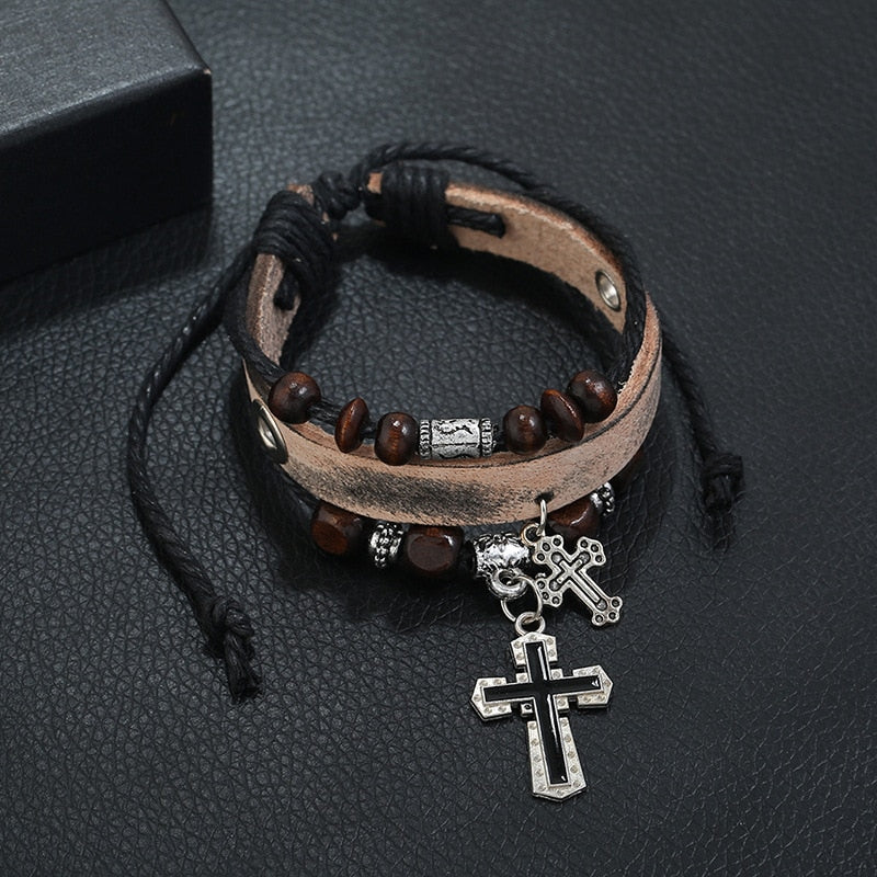 Inspirational Beaded Genuine Leather Cross Bracelets, In God's Service Store