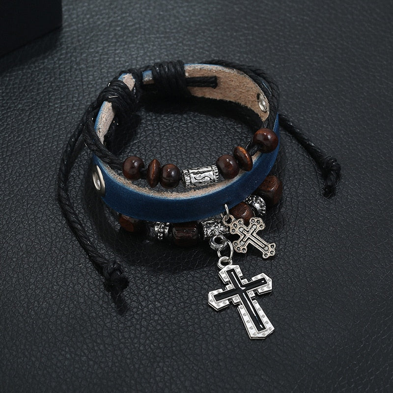 Inspirational Beaded Genuine Leather Cross Bracelets, In God's Service Store