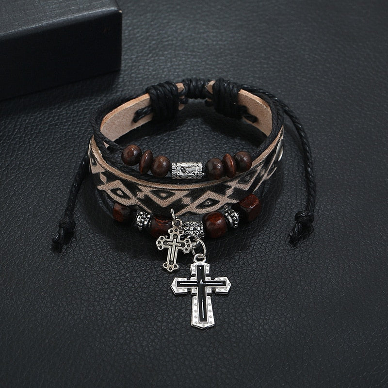 Inspirational Beaded Genuine Leather Cross Bracelets, In God's Service Store