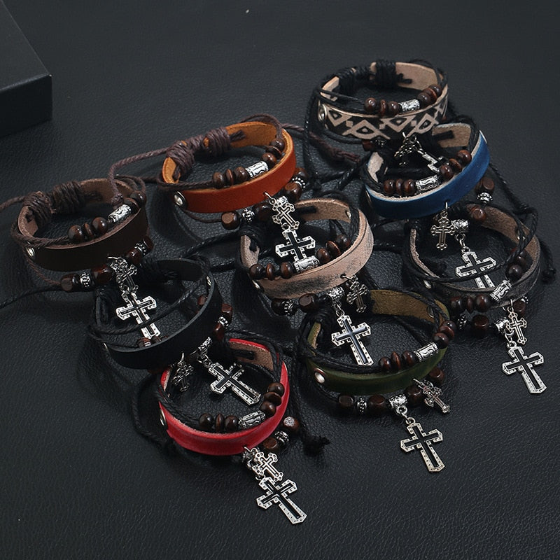 Inspirational Beaded Genuine Leather Cross Bracelets, In God's Service Store
