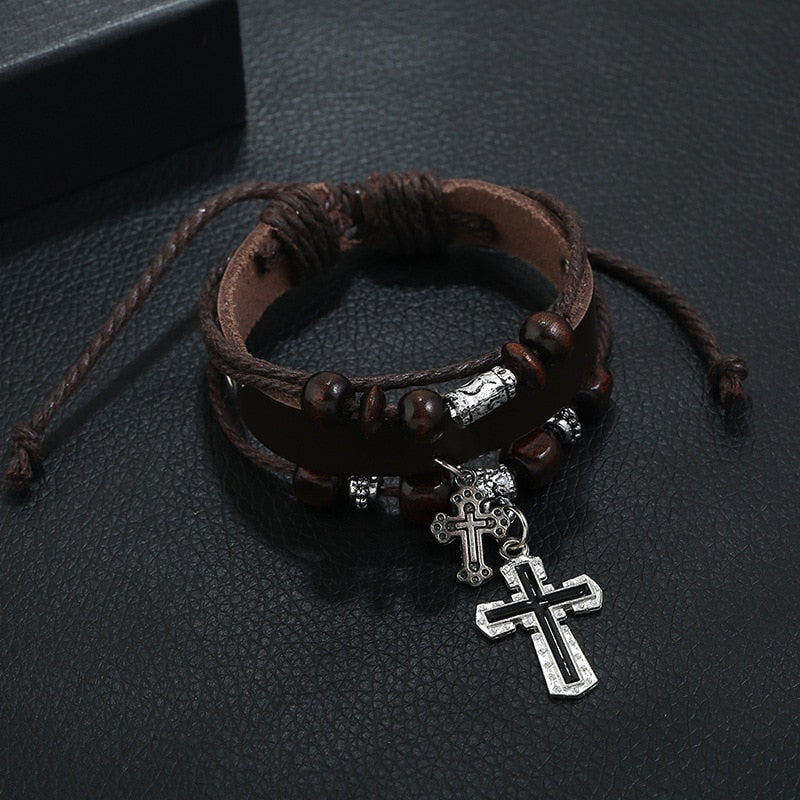 Inspirational Beaded Genuine Leather Cross Bracelets, In God's Service Store