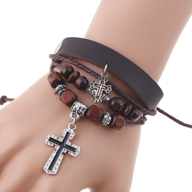 Inspirational Beaded Genuine Leather Cross Bracelets, In God's Service Store