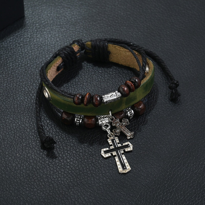 Inspirational Beaded Genuine Leather Cross Bracelets, In God's Service Store