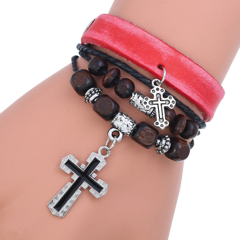 Inspirational Beaded Genuine Leather Cross Bracelets, In God's Service Store