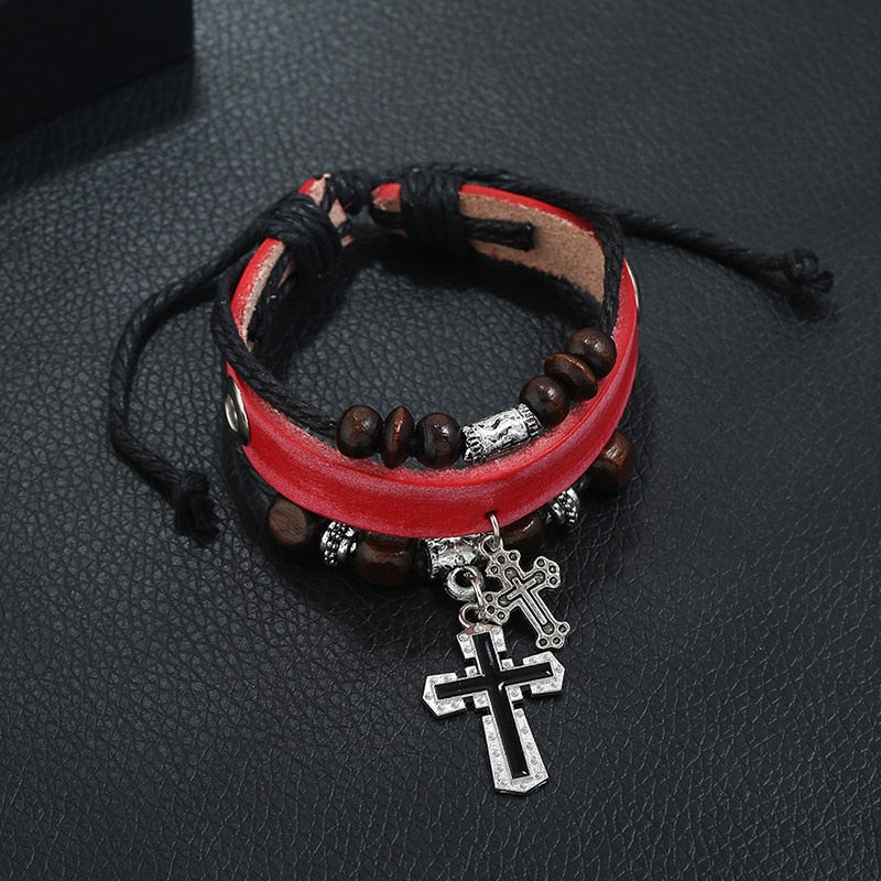 Inspirational Beaded Genuine Leather Cross Bracelets, In God's Service Store