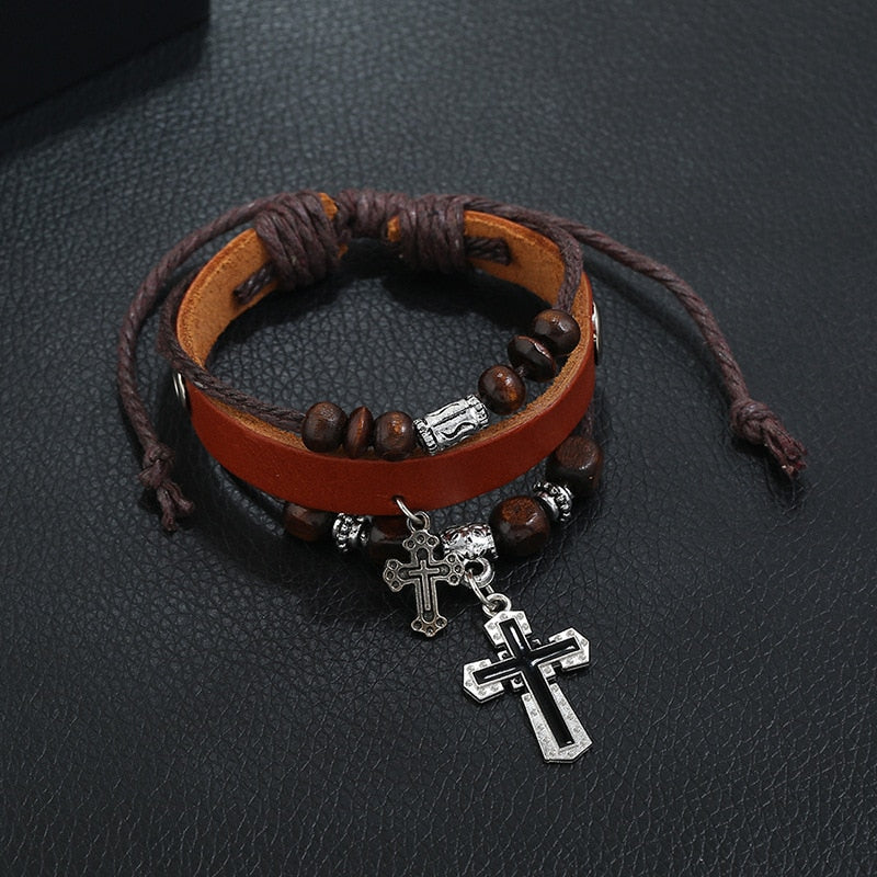 Inspirational Beaded Genuine Leather Cross Bracelets, In God's Service Store