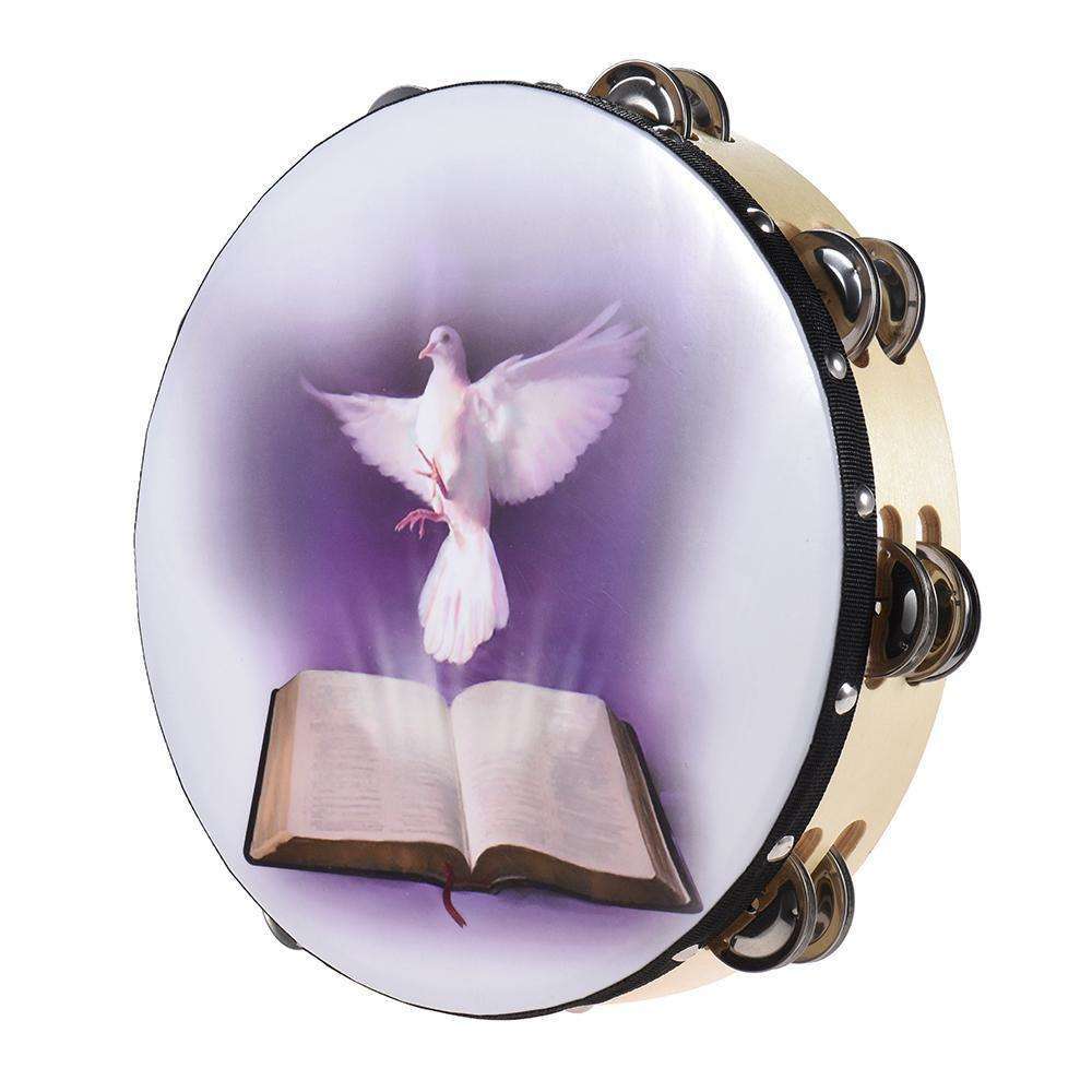 Ascending Heavenly Dove and Bible Design Tambourines In God's Service Store