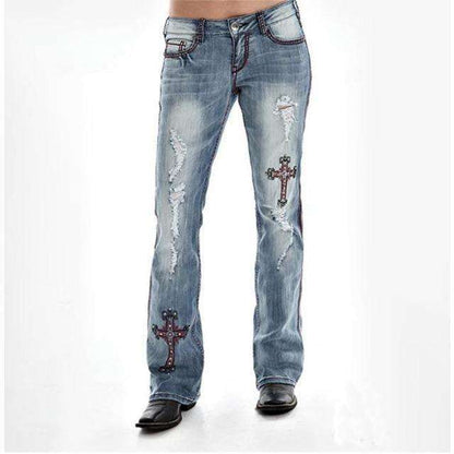 Embroidered Cross Design Fashion Jeans For Women In God's Service Store