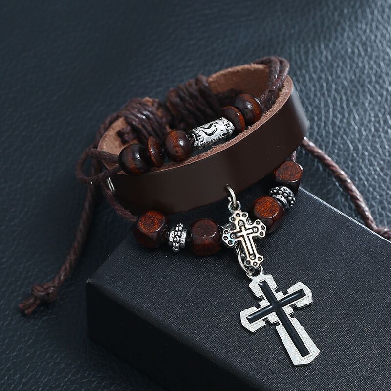 Inspirational Beaded Genuine Leather Cross Bracelets, In God's Service Store