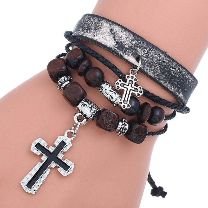 Inspirational Beaded Genuine Leather Cross Bracelets, In God's Service Store