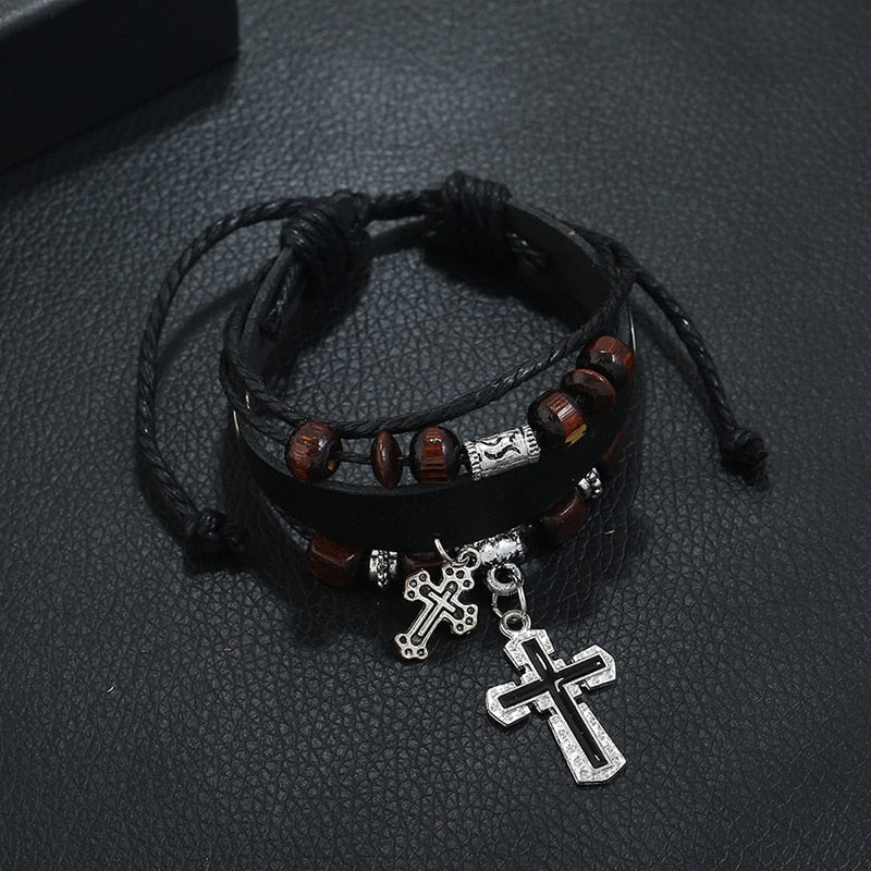 Inspirational Beaded Genuine Leather Cross Bracelets, In God's Service Store
