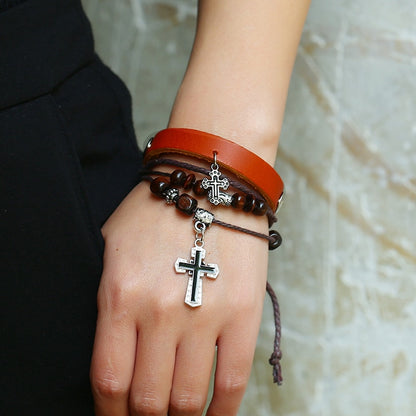 Inspirational Beaded Genuine Leather Cross Bracelets, In God's Service Store