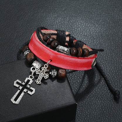 Inspirational Beaded Genuine Leather Cross Bracelets, In God's Service Store