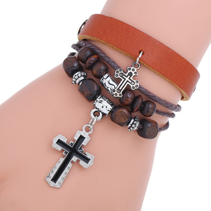 Inspirational Beaded Genuine Leather Cross Bracelets, In God's Service Store