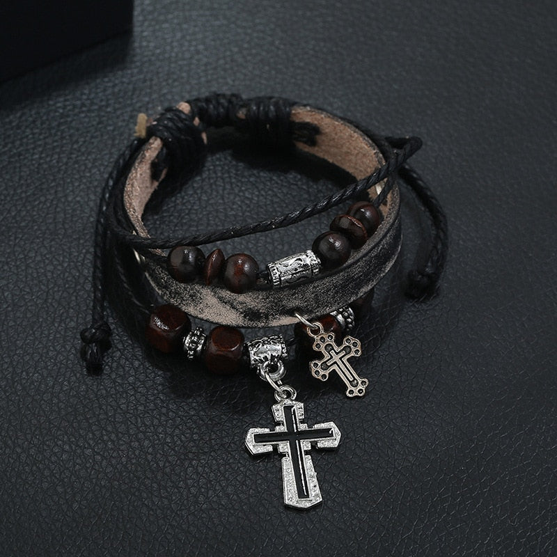 Inspirational Beaded Genuine Leather Cross Bracelets, In God's Service Store