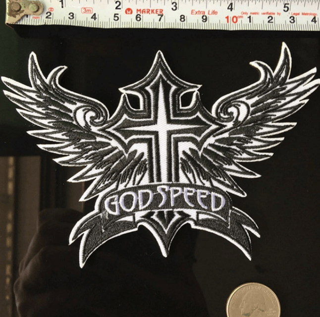 Inspirational "God Speed" Winged Cross Biker Patches In God's Service Store