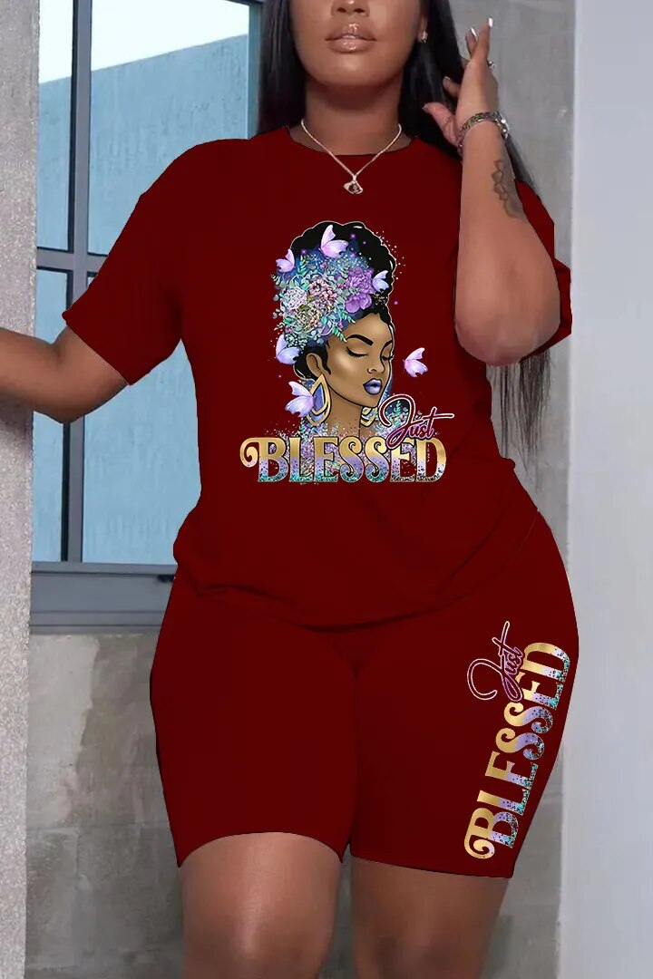 Christian Blessed Graphic Print 2 Piece Shirt and Shorts Outfit Set for Women, In God's Service Store