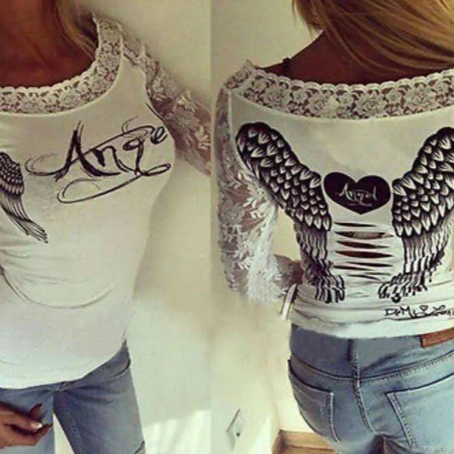 Women's Angel Wings Print Lace Long Sleeve Shirt In God's Service Store